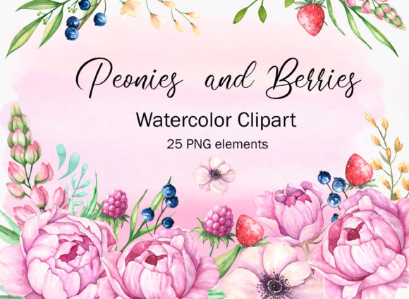 Elevating Your Designs with Hand-Painted Peonies and Berries Watercolor Clipart